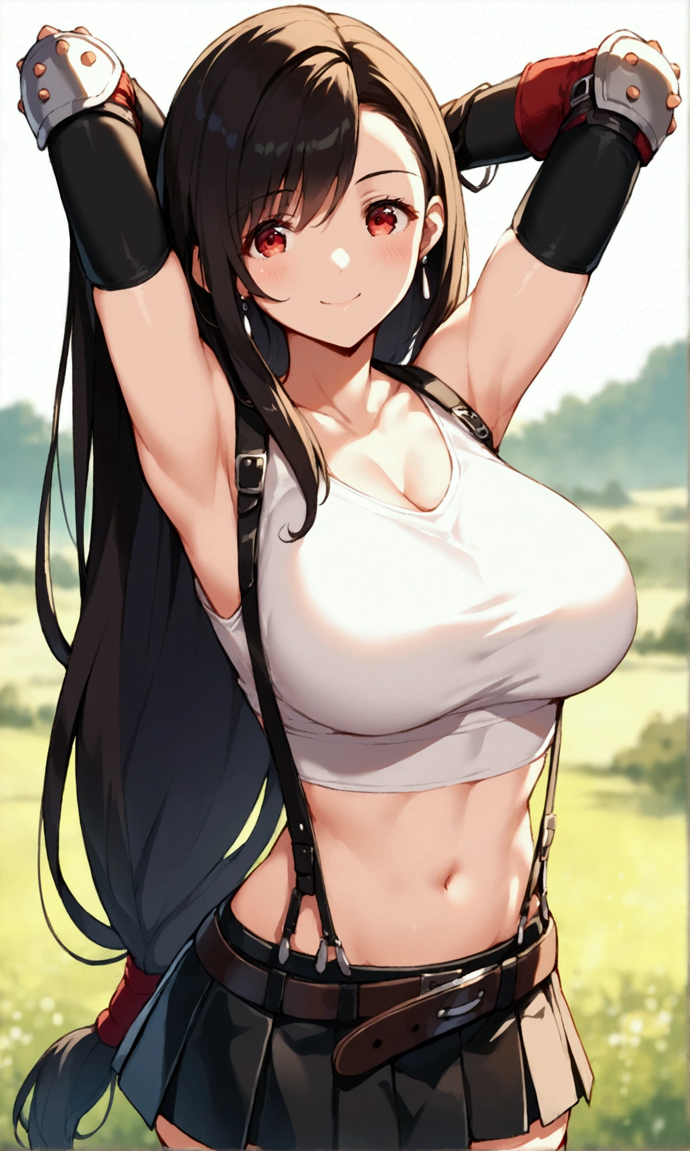 score_9, score_8_up, score_7_up,,8k,rating_safe BREAK ,(source_anime).from front,front view,breast focus,standing,,(arms up,arms behind head.),,(upperbody),looking_at_viewer ,1girl, tifa lockhart, final fantasy, tareme,black hair, low-tied long hair, red eyes, bangs, (white tank top, belt, pleated skirt, thighhighs, elbow fingerless gloves, elbow pads, midriff, navel,suspender skirt) ,large_breasts,(light smile),,,Solo,,(daytime and cafebar),slender_waist,(best quality),(aesthetic,very aesthetic),,,highly detailed,,depth of field,