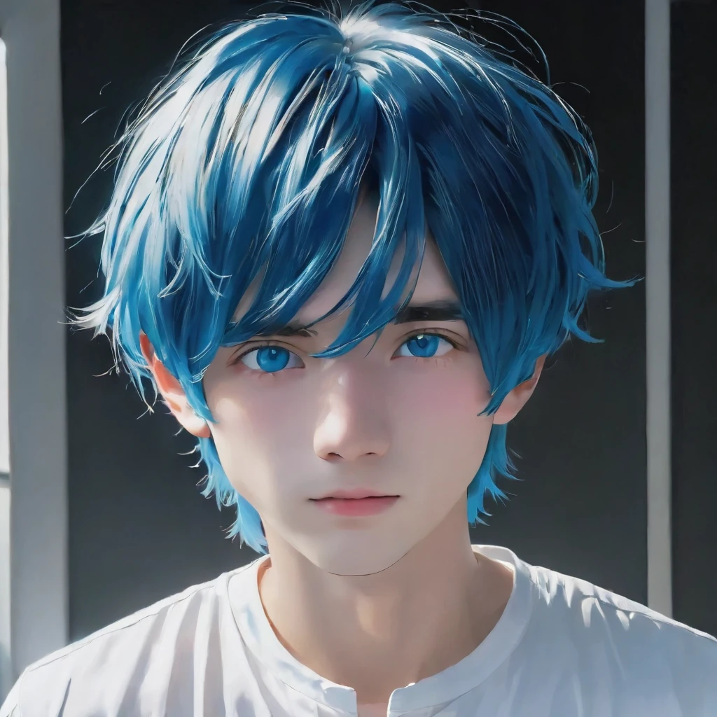 best quality, masterpiece, solo, 1boy, blue hair, white shirt, blue eyes, black beckground, full faces