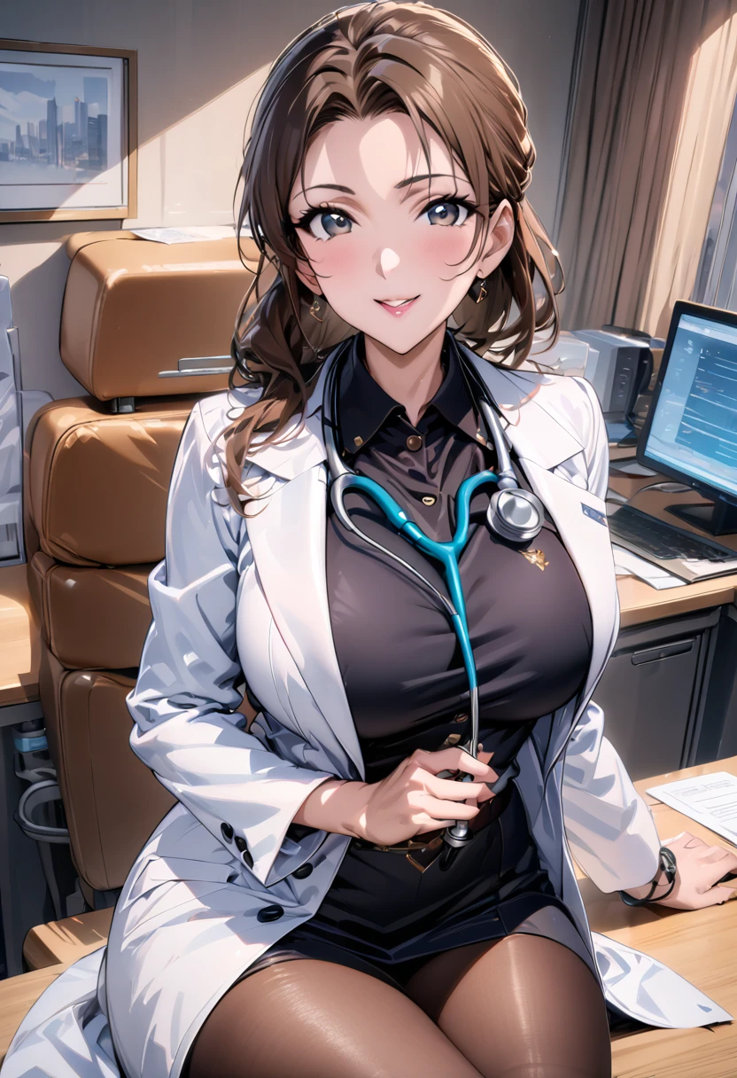 8K picture quality, ultra high definition, stunning mature beauty, intellectual elegance, brown hair, (best quality, masterpiece: 1.2),1lady solo, sitting, (looking at viewers), (white lab coat) stylish outfit, mature female, /(dark brown hair/) bangs, kind smile, (masterpiece best quality:1.2) delicate illustration ultra-detailed, large breasts, pantyhose, /(stethoscope around neck/) BREAK (hospital examination room) indoors, work desk, detailed background，(((doctor)))