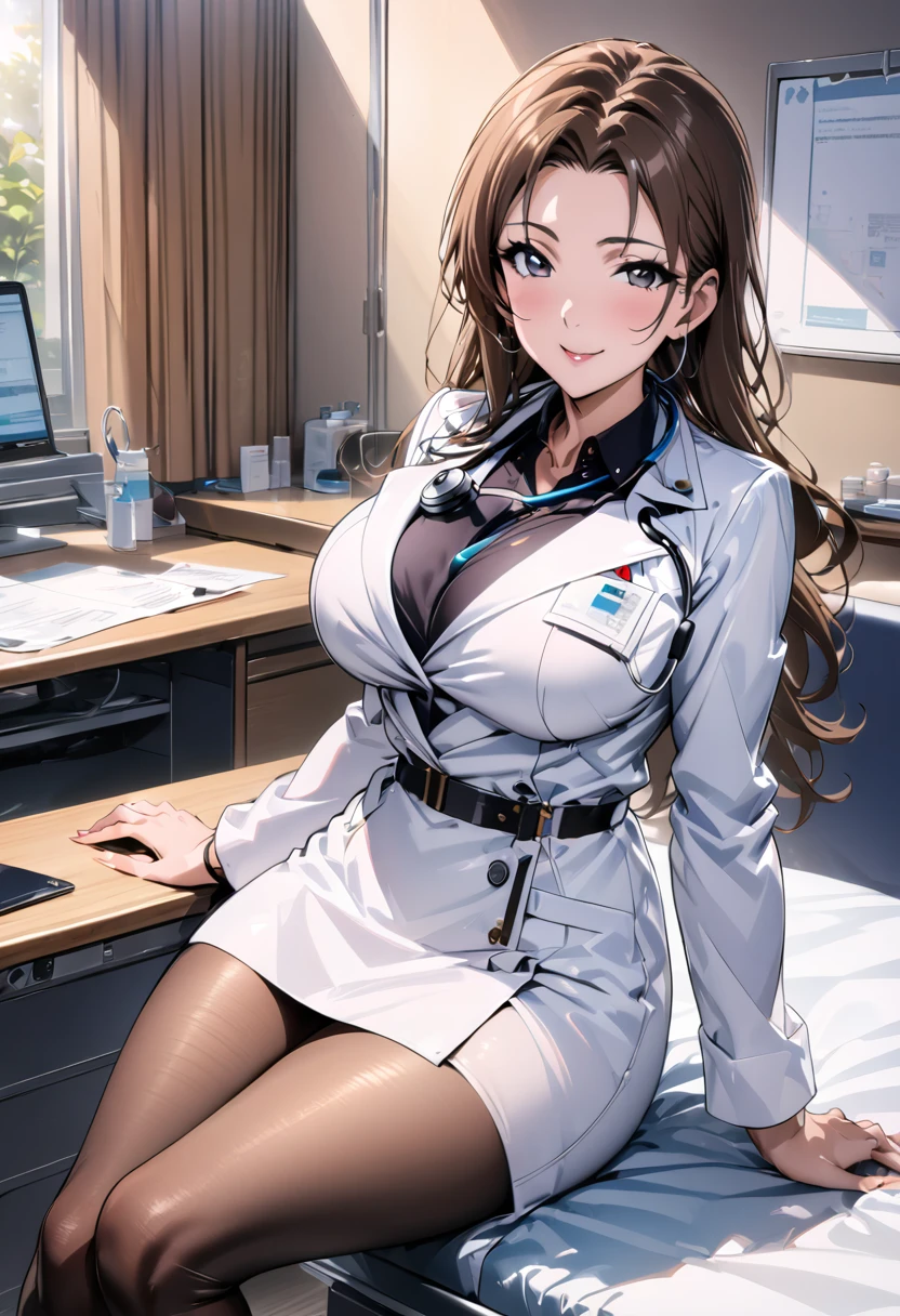 8K picture quality, ultra high definition, stunning mature beauty, intellectual elegance, brown hair, (best quality, masterpiece: 1.2),1lady solo, sitting, (looking at viewers), (white lab coat) stylish outfit, mature female, /(dark brown hair/) bangs, kind smile, (masterpiece best quality:1.2) delicate illustration ultra-detailed, large breasts, pantyhose, /(stethoscope around neck/) BREAK (hospital examination room) indoors, work desk, detailed background，(((doctor)))