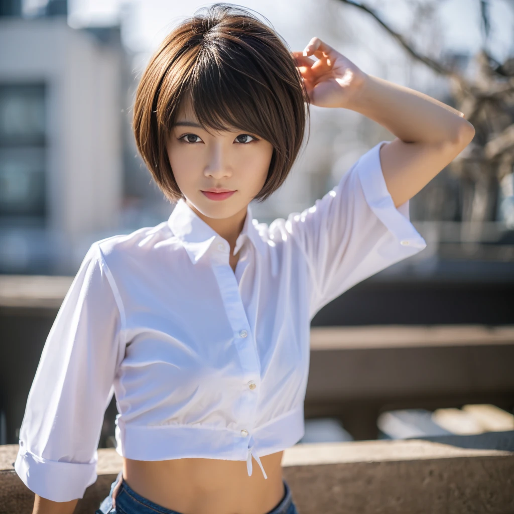 ((Highest quality、In 8K、masterpiece:1.3))、Sharp focus:1.2、Beautiful woman perfect body:1.4、Slim Abs:1.2、((Short Hair:1.2))、(trendy fashion in tokyo、shirt:1.1)、White background、Wet body:1.5、Three-dimensional texture、Detailed eyes、（Brown Hair、Black Hair:1.2)、Very shiny hair、Backward view、Hair quality improvement、Handsome short、Short-haired blonde。