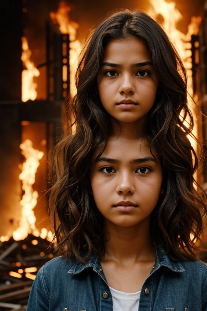 Girl with short brown and wavy hair, brown eyes with serious expression, standing in the flames of a building