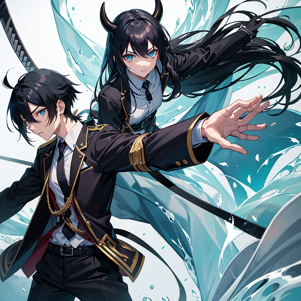 Tokito muichiro, black hair,bangs,aqua,male,hashira,demon,demon slayer,uniform,samurai,swords,blue eyes,straight hair