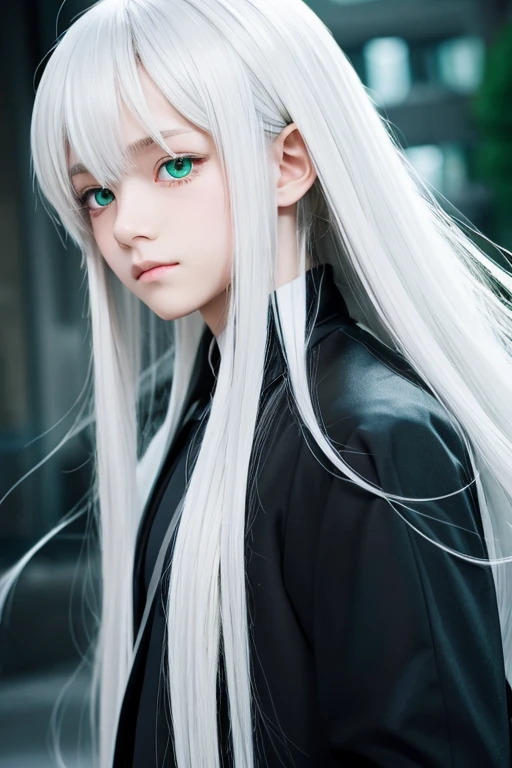 A young boy with green eyes and long white hair wearing black anime-style clothing