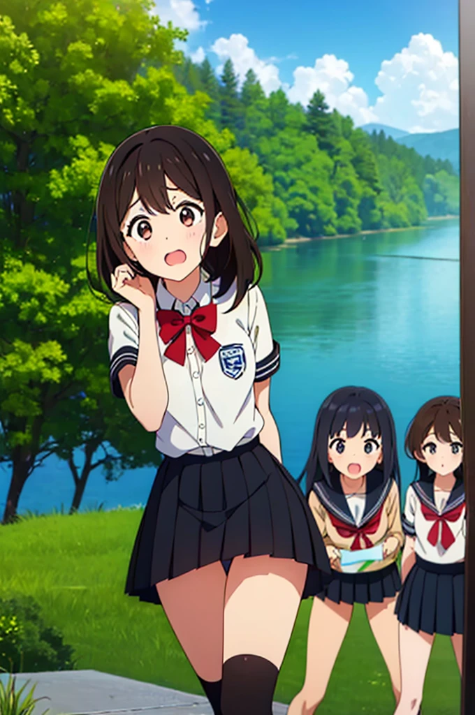 (Three Women:1.5) ,Dark Brown Hair,Black Hair,(Nose Brush:1.7) ,Surprised,Open your mouth,(school uniform),(Panties in full view:1.7),(Extremely high quality),(mini skirt),nature,river,Shiny legs, Thighs,Cute face,(Looking up from below),tall,Crouch
