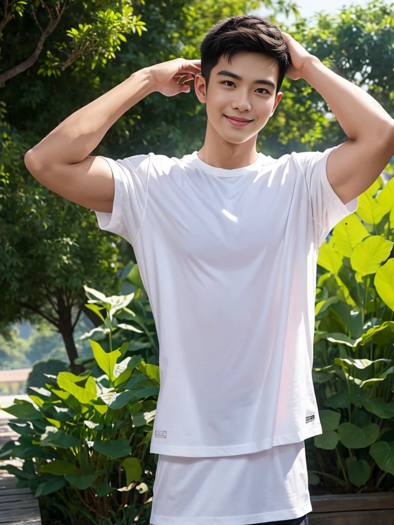 man , Raise your arms behind your back. , white t-shirt, black short hair , outdoor , cute smile , หน้าhandsomeแบบเกาหลีสมจริง , modest muscles , Masterpiece、High resolution、Surreal、detailed face、alone、man、Glowing skin、(Asia)、handsome、Detailed background