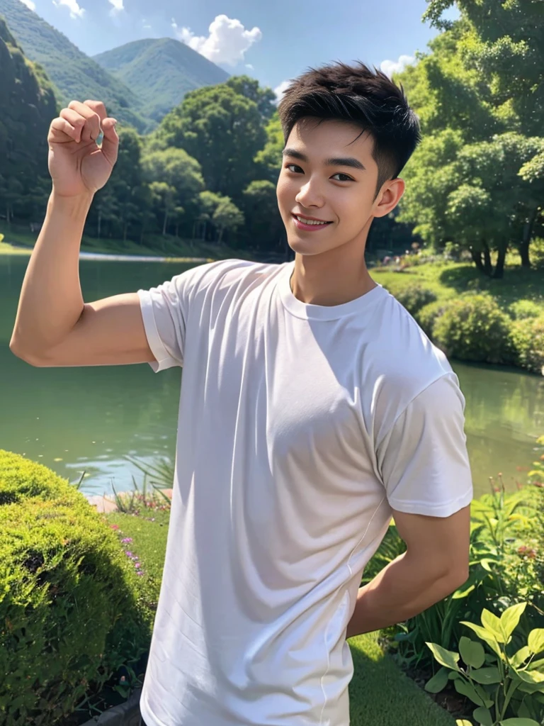 man , Raise your arms behind your back. , white t-shirt, black short hair , outdoor , cute smile , หน้าhandsomeแบบเกาหลีสมจริง , modest muscles , Masterpiece、High resolution、Surreal、detailed face、alone、man、Glowing skin、(Asia)、handsome、Detailed background