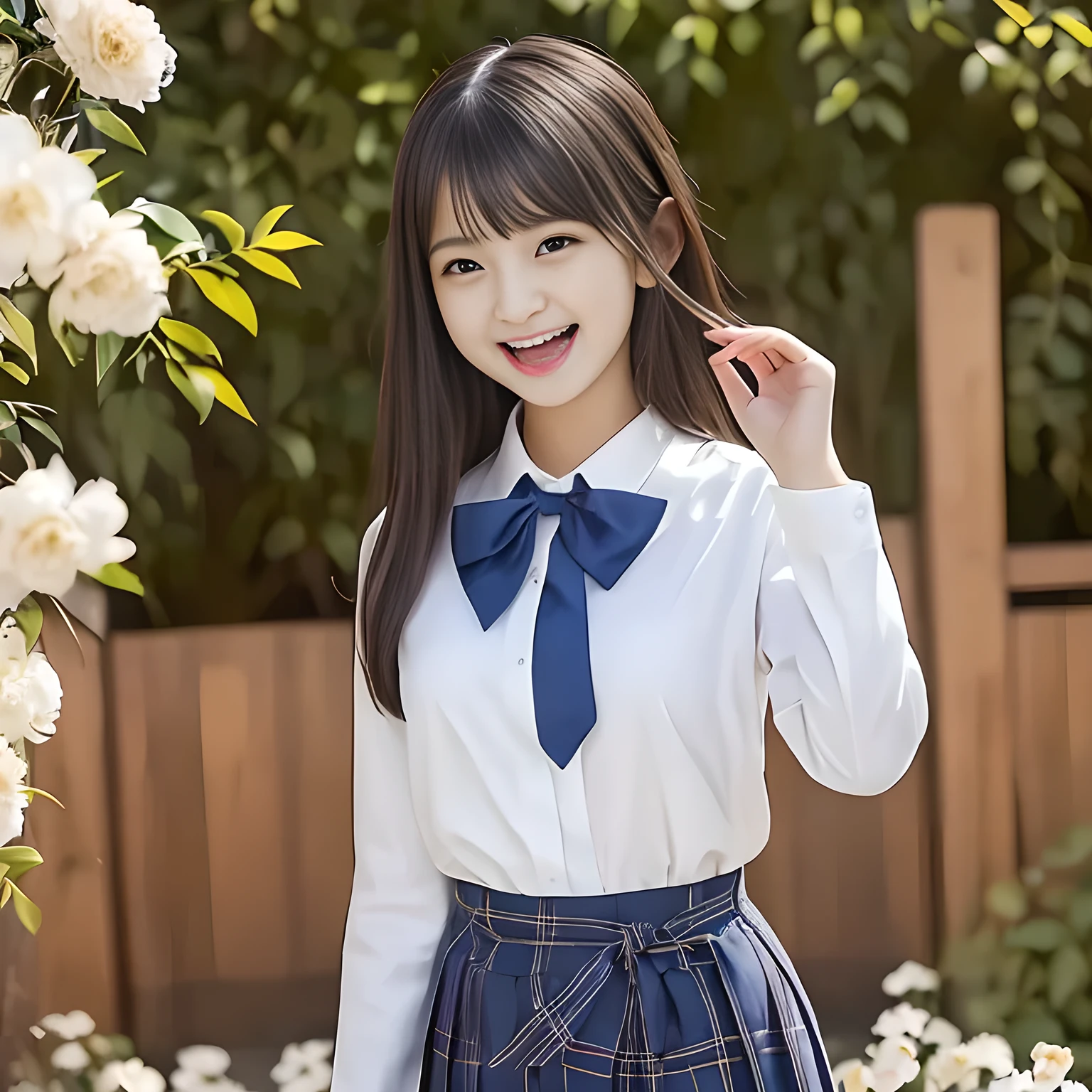 (Highest quality, masterpiece:1.2), Highest quality, High resolution, 1080P, 8K, height: 165cm, ((A noble and intelligent girl who looks like a best proportion Japanese young lady is giggling while magically hypnotizing the viewer)), ((So sweet, very noble, cute and pretty Japanese beautiful cute girl)), ((A real, very girly, sweet, cute and noble girl)), ((((A smiling beautiful Japanese cute fashion model)))), ((((Very pure white face and limbs)))), Glossy Lips, (Evenly cut bangs), ((Very beautiful, smiling brown, droopy, cute, pure, noble eyes)), ((Super long, straight black hair that reaches the floor)), Very shiny, Glossy Lips, Open hand over open mouth, Beautiful straight hair like a hair model, Watch and laugh at your audience, ((Incredibly well organized, Rich facial expressions. Plump and beautiful white skin and face)), ((Pure, clear, gentle smiling eyes)), ((Smile at me)), Glossy Lips, ((Noble and elegant)), ((As the succubus charms you with her magic and giggles)), ((((Succubus is fascinating、Calling to the depths of eternity)))), Very beautiful blue skirt, ((Large upward-curving lips)), ((Look directly at the viewer)), White Hand, ((Navy Japanese School Blazer, Navy and sapphire blue Japanese school uniform tartan check pattern pleated long skirt, Blue string ribbon tie)), ((((An ecstatic expression of boundless joy)))), ((White flowers garden background))