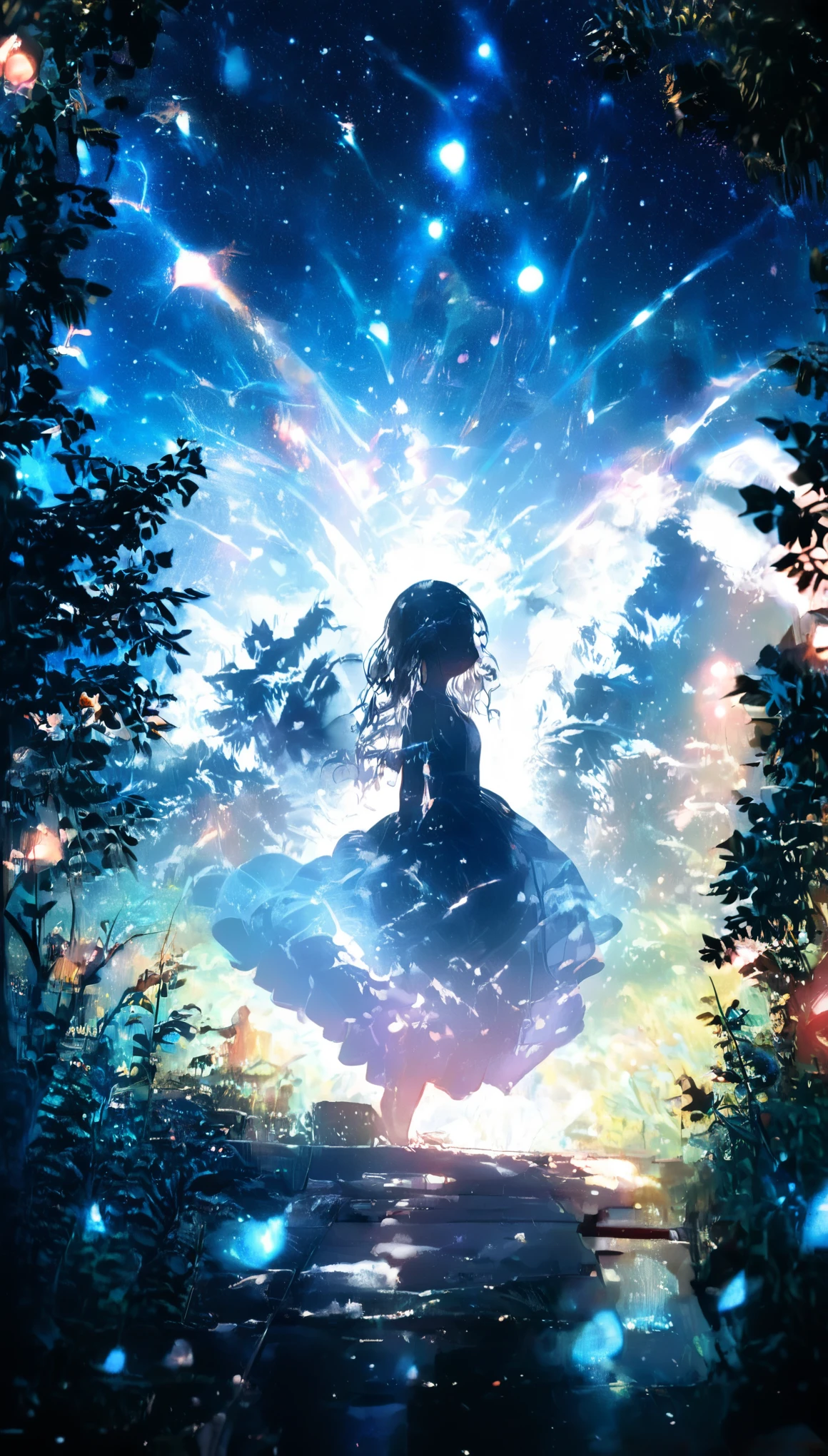 masterpiece, Concept Art, Panorama, in the center, shape, Wide Shot, garden, night, (meteor), Space galaxy background, (Great composition, Epic Scale), Dynamic Lighting, Bright colors, Blue rose,Landscape Long Eyelashes, Round eyes, Silver Hair, Half-closed eyes, sad, Cast a Shadow, Anaglyph, Stereogram, tachi-e, Atmospheric perspective, Wide Shot, reflected light, 8K, Super detailed, Highest quality, Anatomically correct