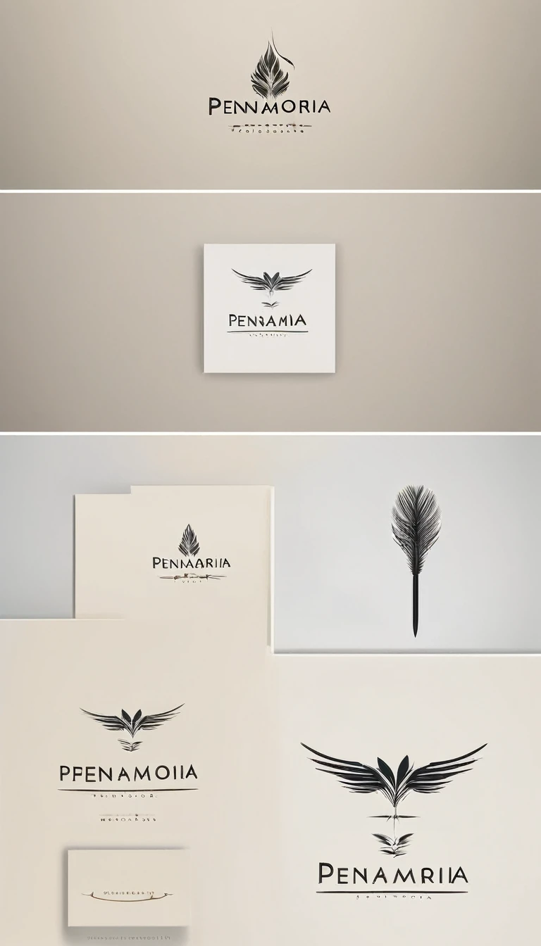 A minimal, modern, simple, cinematic logo design for the brand “Penamemoria". Create a modern, minimalistic, high-quality, logo of a memory feather. The logo must be convey a sense of dreams, stories, memories, music and imagination.