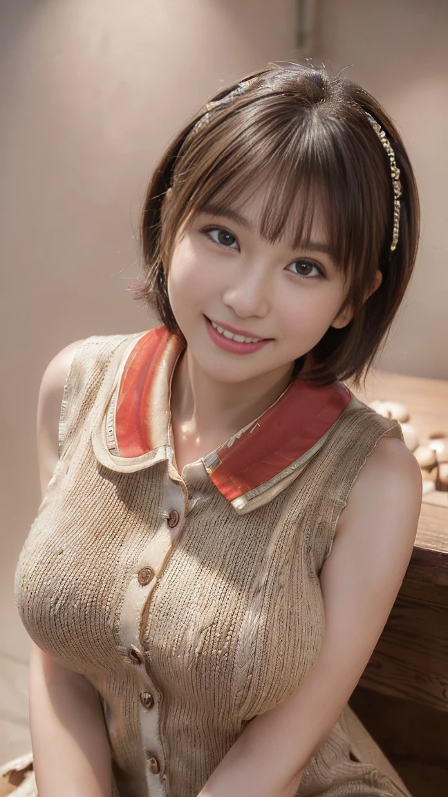 Highest quality, masterpiece, Ultra-high resolution, (Realistic:1.4), Beautiful woman, ((Big Breasts:1.3)), (((Short Bob))), (((Red Ash))), Beautiful Skin, Fine skin, 魅惑的なsmile, Background blur, smile, Hair over the ears, beautiful girl, Fair skin, Voluptuous, Plump body, (((((One girl)), ((Highest quality)), (Super detailed), (Very detailed CG 統合 8k 壁紙), Very detailed, High-resolution RAW color photos, Professional photography, ((美しいBig Breasts)), peanut butter brown hair, Great face and eyes, Pink Eyes, (Amazingly beautiful girl), School, (((Sleeveless knit dress with buttons and collar))), Camel Toe, Sitting, (Legs wide open),)))