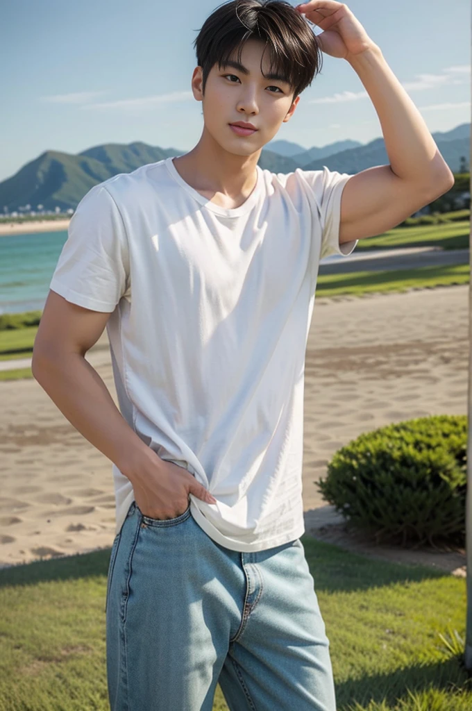A young Asian man stands, handsome, muscular, looking at the camera. In a plain white t-shirt , Fieldside, grass, beach, sunlight