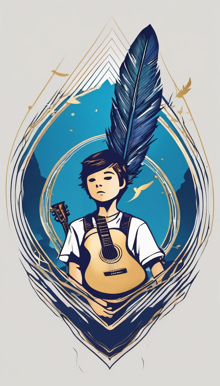 Create a minimalistic, simple, fantastic, easy to understand, logo design of a boy and a feather for an upcoming Role Playing Game called " Penamemoria". The game is about a world of bird and feathers and the inspirational, creative journey of a boy and his acoustic guitar. A boy enters that world and discovers his true artistic identity. Create a logo design that transmits the essence of this videogame and this world. It´s a fantasy game, with fantasy elements. Create the minimalistic logo in the center and a fantasy theme as background. Use the colours blue, white, light golden in the logo.