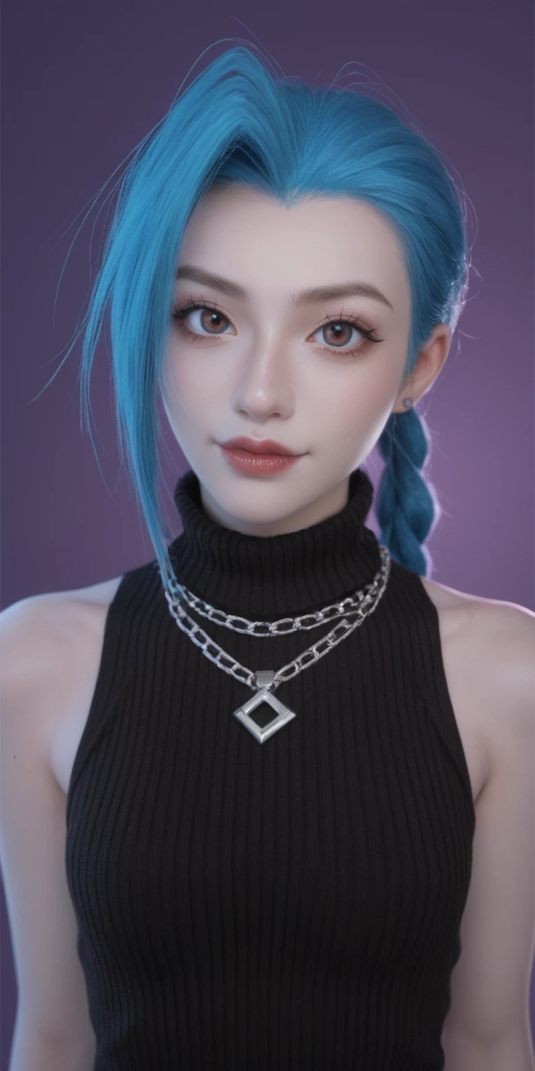 score_9, score_8_up, score_7_up, score_6_up,
1girl, solo,cowboy shot, jinx \(league of legends\), looking at viewer, purple background, sidelighting, backlighting, turtleneck sweater, 3d, realistic, sleeveless, necklace, makeup, glowing,