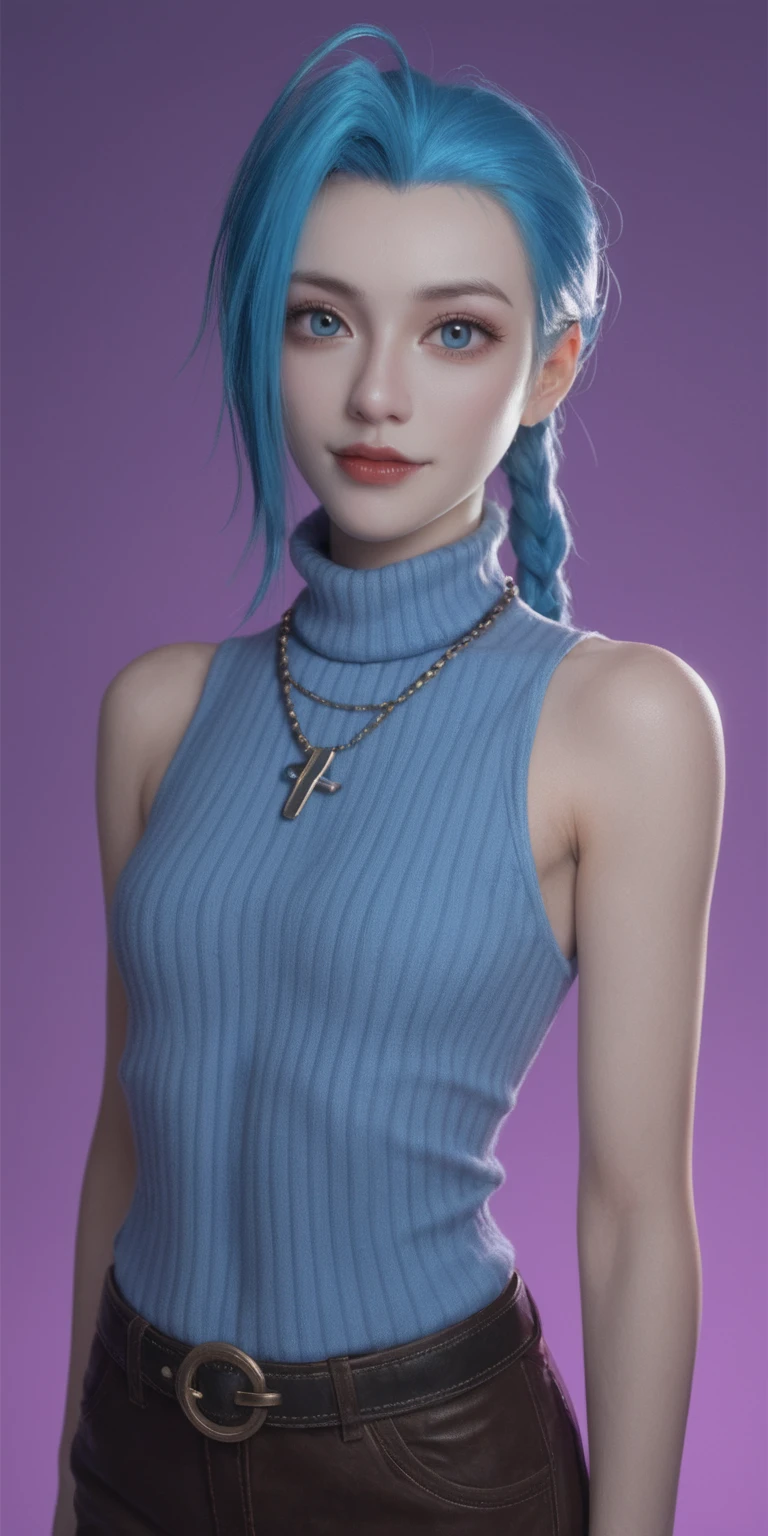 score_9, score_8_up, score_7_up, score_6_up, 
 1girl, solo,cowboy shot, jinx \(league of legends\),  looking at viewer, purple background, sidelighting, backlighting, turtleneck sweater, 3d, realistic, sleeveless, necklace, makeup, glowing,