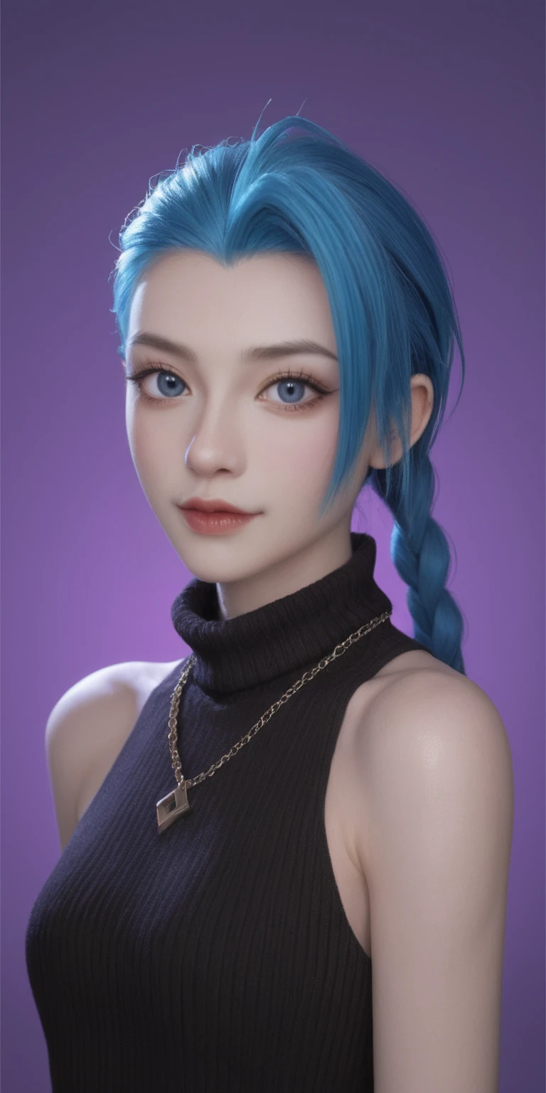 score_9, score_8_up, score_7_up, score_6_up, 
 1girl, solo,cowboy shot, jinx \(league of legends\),  looking at viewer, purple background, sidelighting, backlighting, turtleneck sweater, 3d, realistic, sleeveless, necklace, makeup, glowing,