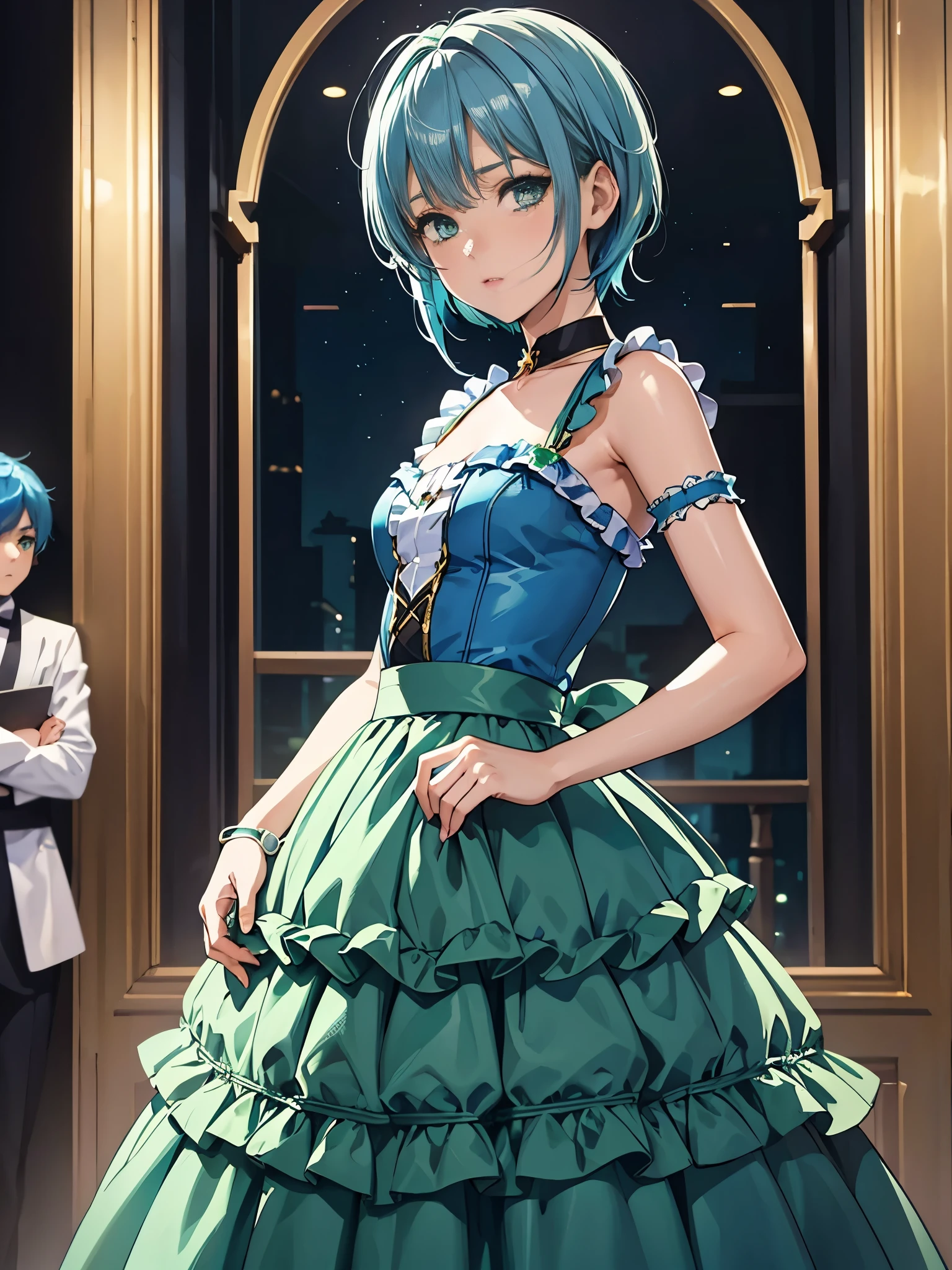 1boy, ((blue hair)), ((green eyes)), ((idol costume)), blue dress, layered skirt, ((crew cut)), crossdressing