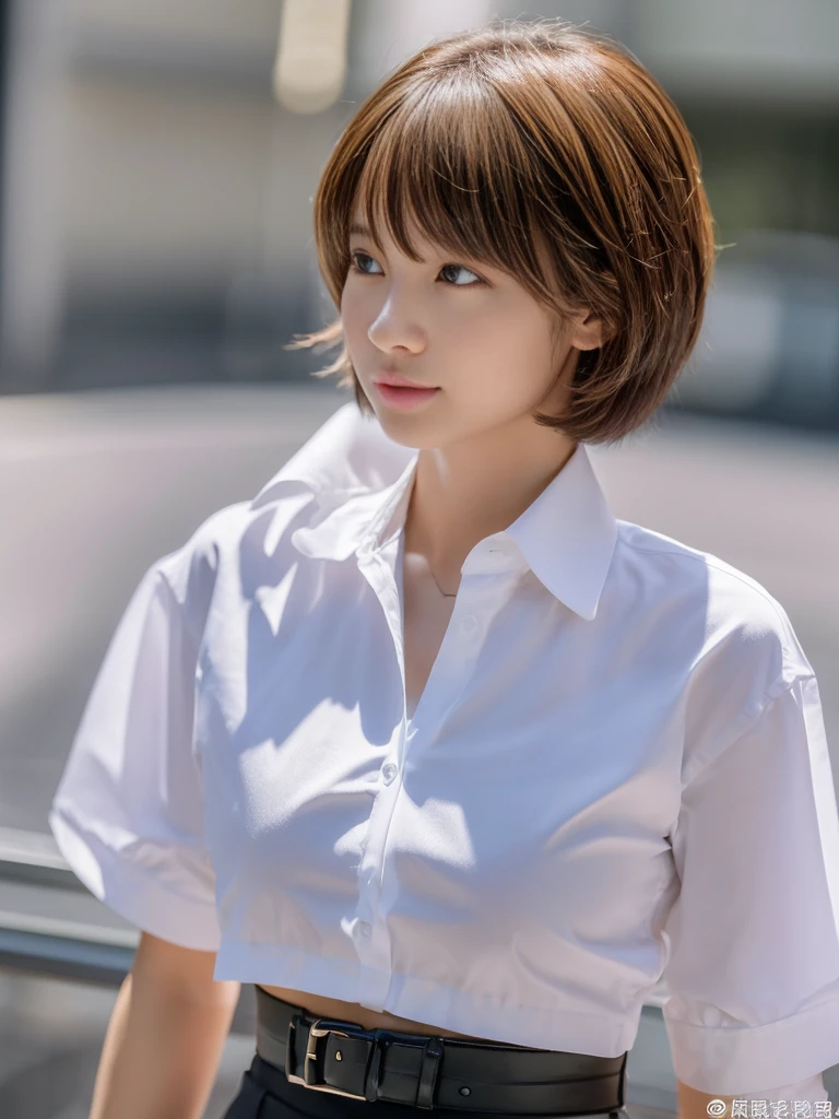 ((Highest quality、In 8K、masterpiece:1.3))、Sharp focus:1.2、Beautiful woman perfect body:1.4、Slim Abs:1.2、((Short Hair:1.2))、(trendy fashion in tokyo、shirt:1.1)、White background、Wet body:1.5、Three-dimensional texture、Detailed eyes、(Brown Hair、Black Hair:1.2)、Very shiny hair、Backward view、Hair quality improvement、Handsome short、Short-haired blonde。