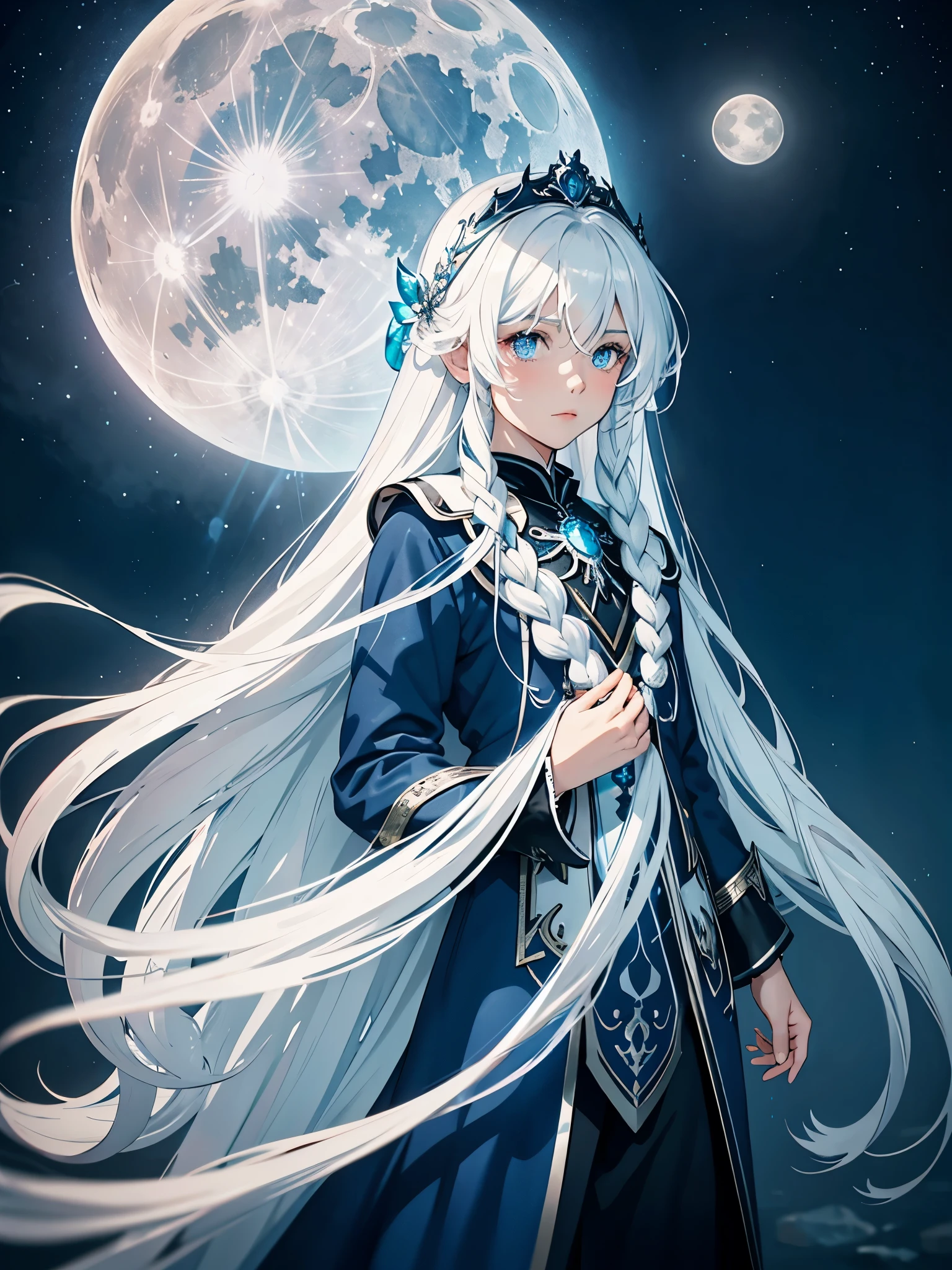 Blue light. Göttlich. Mystisch. Long hair. long white hair. aquatic, boy, Goddess of the Moon, silver hair accessories, White hair, White dress, cape, at night, saturated colors, light eyes, bright, light blue light, blue eyes, Jewelry silver, bluish light, Full moon in the background, aquatic in der Luft rosa kerzen