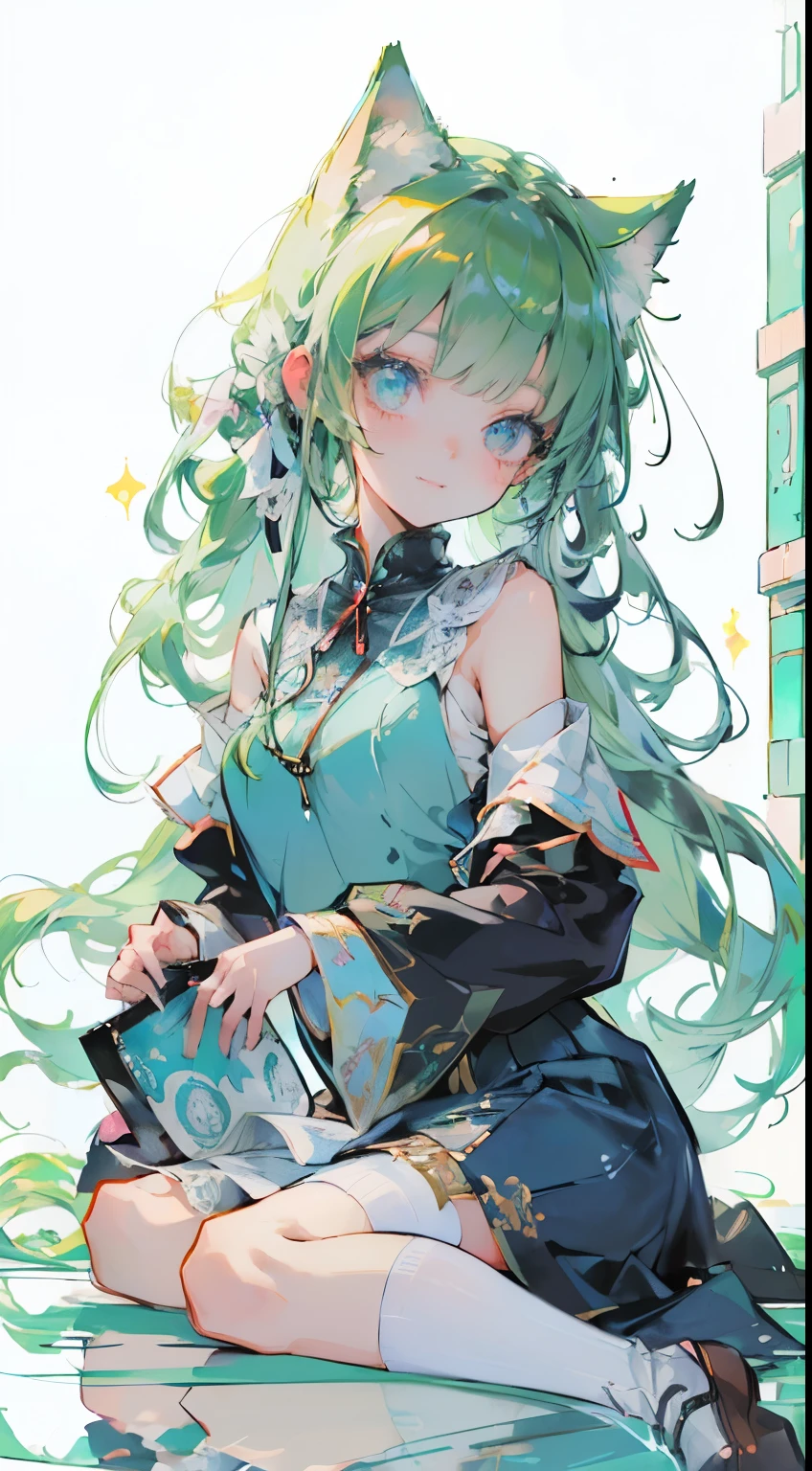((Tabletop, Highest quality: 1.1), ((Anime girl in a blue dress holding a magic wand)), Art Nouveau、メイド服を着たアニメのCat girl, , ((Green hairs))、Long-haired、((Eyes like shining jewels Long lashes Transparency))、Very Beautiful Anime Cat girl, アニメCat girl, ((White knee-high socks)), 魅力的なCat girl, Inspired by Leiko Ikemura, Takano Aya color style, in ryuuou no oshigoto art style, Cat girl, Favorite character, rei hiroe、With a smile