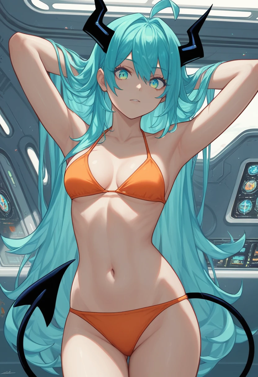 score_9, score_8_up, score_7_up,1 daemon woman, black horns, black demon tail, (aquamarine hair),aquamarine green color hair,ahoge, long hair, (long hair),bangs, light orange bikini, bikini is orange, bikini orange, orange bikini!, (aquamarine eyes), background is spaceship, aquamarine eyes, 1woman ,facing viewer, daemon girl, close up,Well-endowed, alone, Spacecraft interior, sexy pose