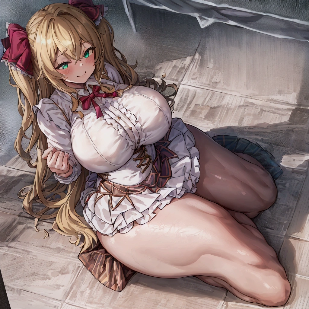 {1 girl},{full body},sitting,wariza,looking down,from below, dynamic cut,dynamic angle,naughty smile,hyper muscular,hyper curvy,hyper gigantic breasts,two side up,blonde hair,barefoot,best quality,masterpiece,white background,cute dress shirt frills ribbon split corset skirt,