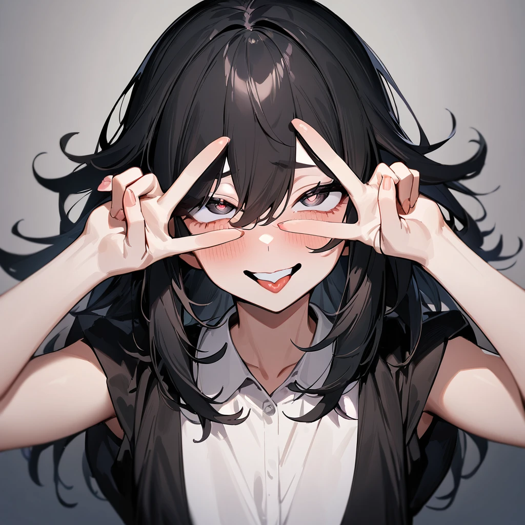nsfw,portrait,1 girl,black hair,Androgynous,medium hair,sidelocks,Covered,masterpiece,best quality,very aesthetic,absurdres,upper body,straight-on,large,Covered,Smile,double v,(upturned_eyes:1.2),From above,hands up, Ahegao