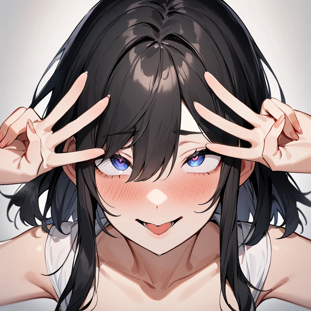 nsfw,portrait,1 girl,black hair,Androgynous,medium hair,sidelocks,Covered,masterpiece,best quality,very aesthetic,absurdres,upper body,straight-on,large,Covered,Smile,double v,(upturned_eyes:1.2),From above,hands up, Ahegao