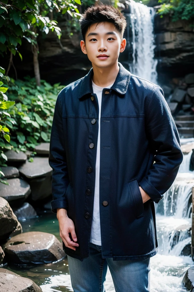 ((realistic daylight)) , Young Korean man in only a black t-shirt, no pattern. (Denim coat) Jeans, A handsome, muscular young Asian man looks at the camera. In a simple t-shirt blue and red , By the waterfall ,turn sideways