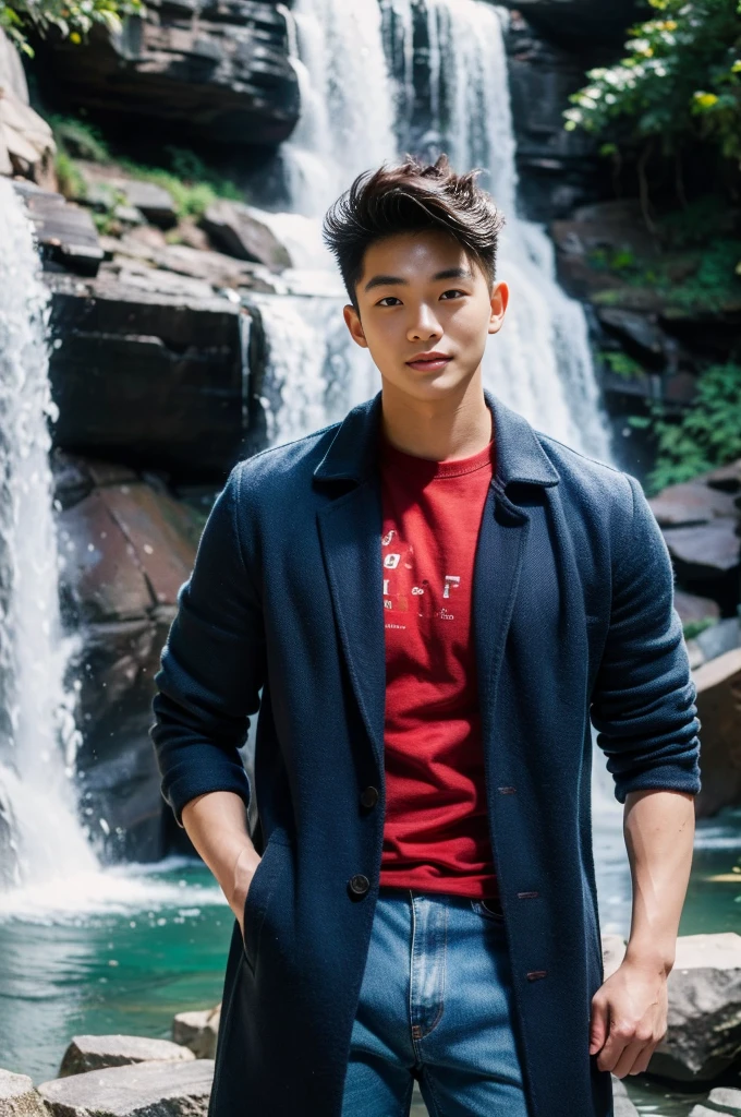 ((realistic daylight)) , Young Korean man in only a black t-shirt, no pattern. (Denim coat)  Jeans, A handsome, muscular young Asian man looks at the camera. In a simple t-shirt blue and red , By the waterfall ,turn sideways