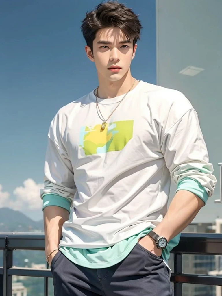 a closeup of a man standing on a balcony with a sky background, inspirado en Yanjun Cheng, inspirado por Zhang Han, obra de arte al estilo de guweiz, pose de anime guapo, hombre guapo animado, inspirado en Xiao Yuncong, chico guapo en el arte de Demon Slayer, inspirado en Russell Dongjun Lu, inspirado por Huang Gongwang, inspirado por Ding Yunpeng