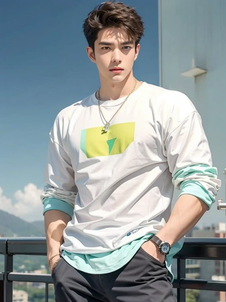 a closeup of a man standing on a balcony with a sky background, inspirado en Yanjun Cheng, inspirado por Zhang Han, obra de arte al estilo de guweiz, pose de anime guapo, hombre guapo animado, inspirado en Xiao Yuncong, chico guapo en el arte de Demon Slayer, inspirado en Russell Dongjun Lu, inspirado por Huang Gongwang, inspirado por Ding Yunpeng