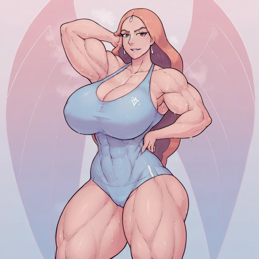 queen angela (she-ra and the princesses of power) , Women, Women enorme, Women musculosa, many muscles, giant muscles, bodybuilder body, a lot of effort, expression of great fury, very high, It measures almost 3 meters, too wide body, muscled body, very muscular, wide torso, Wide hips, wide legs, wide arms, too big muscles, huge arms, arms with huge muscles, huge breasts, very marked six pack, huge butt, Big legs, muscular legs, huge breasts, huge butt, excessive sweat, sportswear, a destroyed gym, standing, alone, looking at the viewer, close view 