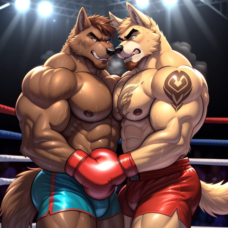 Duo male(Brown Wolf vs Brown Wolf, handsomes, tails, handsomes hairstyles, beards, Thick eyebrows), gay(they clinch each other, rubbing bodies, cuddling embraced, on a boxing match), hot(Shirtless), handsomes(They are handsomes, correct anatomy), musculosos(Big muscle bodies, Six packs, muscle abs, big pecs, muscle backs, muscle legs), sweaty(very sweaty wet bodies, shiny sweat), tatuajes(they have tattoos), Angry(Both have an angry expression, growling, steaming breath), Boxing gloves(They both are wearing red Boxing gloves), Boxing shorts(They both are wearing boxing shorts), Hight resolution, by(Zourik:1.1)