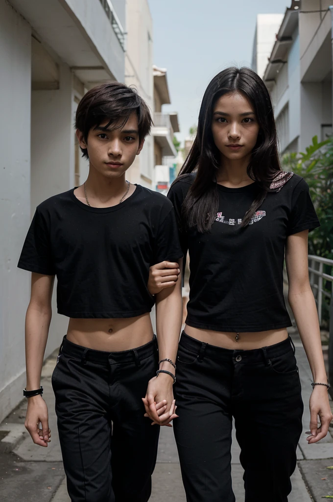 a boy and a girl, very thin straight Thai teenagers, 12 year old boyfriends, both the same height, with very thin and slender bodies. The couple, the boy and the girl, are the same height and walk hand in hand. They wear a black t-shirt and black pants. And black bracelet on the arms.