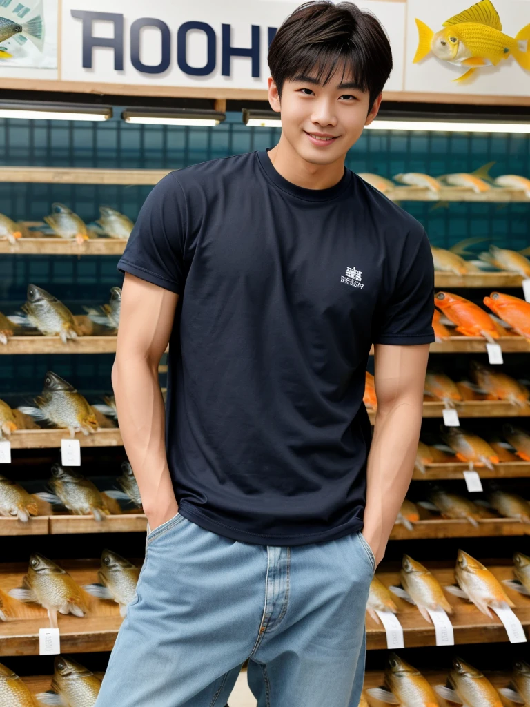 独奏: 1.5, (As a matter of fact, Masterpiece, 8k HD, good light quality, sportswear, fit the face, complicated details), A handsome Korean young man with muscular arms. , 20 years old, be happy, smile brightly, detailed face, delicate eyes, look at the sky, Wear a navy tight T-shirt.:1.6 ,Wear a denim coat., jeans period, black eyes, Black hair color, ผมsmooth, smooth,Surreal,Awesome details,Highest quality,real,Open your mouth to talk. , Close your eyes., (standing in a fish shop :1.5)