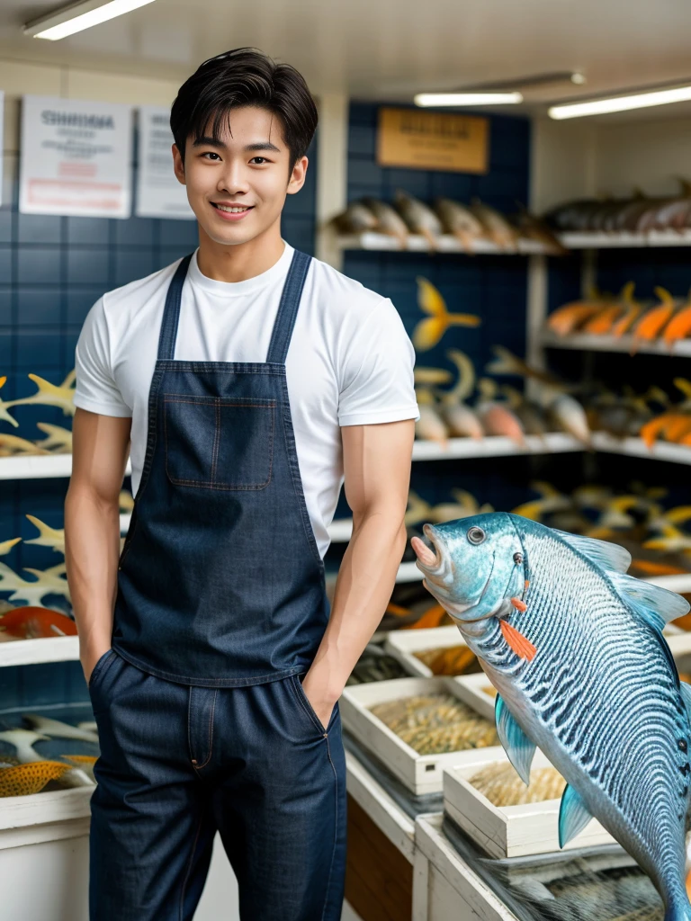 独奏: 1.5, (As a matter of fact, Masterpiece, 8k HD, good light quality, sportswear, fit the face, complicated details), A handsome Korean young man with muscular arms. , 20 years old, be happy, smile brightly, detailed face, delicate eyes, look at the sky, Wear a navy tight T-shirt.:1.6 ,Wear a denim coat., jeans period, black eyes, Black hair color, ผมsmooth, smooth，Surreal，Awesome details，Highest quality，real，Open your mouth to talk. , Close your eyes., (standing in a fish shop :1.5)