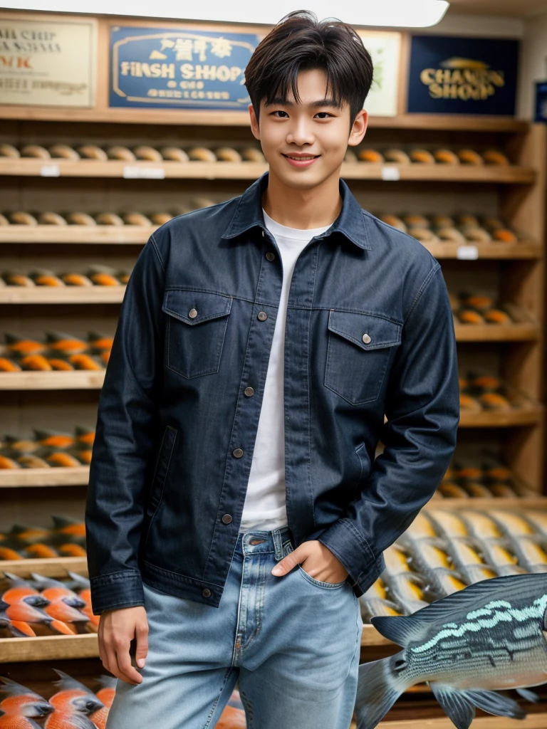 独奏: 1.5, (As a matter of fact, Masterpiece, 8k HD, good light quality, sportswear, fit the face, complicated details), A handsome Korean young man with muscular arms. , 20 years old, be happy, smile brightly, detailed face, delicate eyes, look at the sky, Wear a navy tight T-shirt.:1.6 ,Wear a denim coat., jeans period, black eyes, Black hair color, ผมsmooth, smooth，Surreal，Awesome details，Highest quality，real，Open your mouth to talk. , Close your eyes., (standing in a fish shop :1.5)