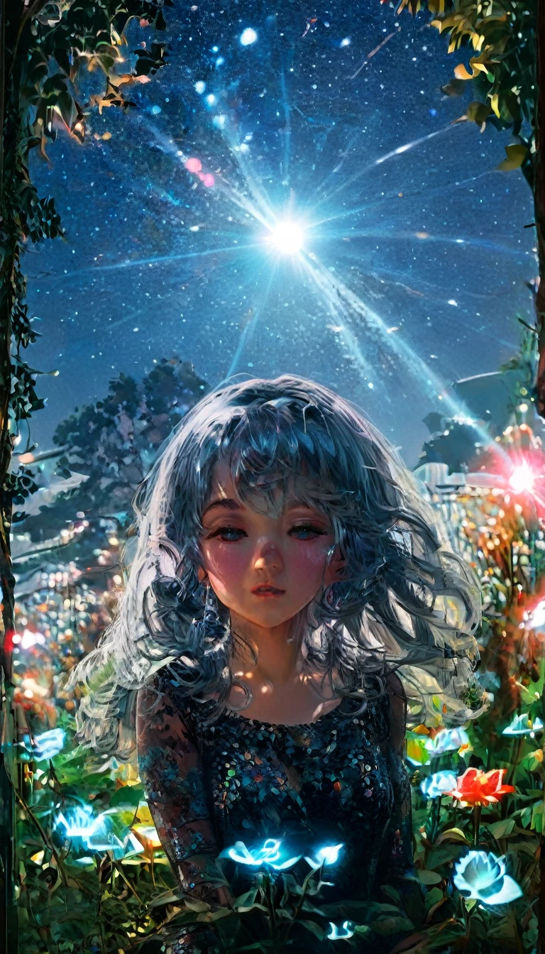 masterpiece, Concept Art, Panorama, in the center, shape, Wide Shot, garden, night, (meteor), Space galaxy background, (Great composition, Epic Scale), Dynamic Lighting, Bright colors, Blue rose,Landscape Long Eyelashes, Round eyes, Silver Hair, Half-closed eyes, sad, Cast a Shadow, Anaglyph, Stereogram, tachi-e, Atmospheric perspective, Wide Shot, reflected light, 8K, Super detailed, Highest quality, Anatomically correct,longeyelashes, solid circle eyes, silver hair, half-closed eyes, sad, drop shadow, anaglyph, stereogram, tachi-e, atmospheric perspective, wide shot, reflection light, 8K, super detail, best quality, anatomically correct