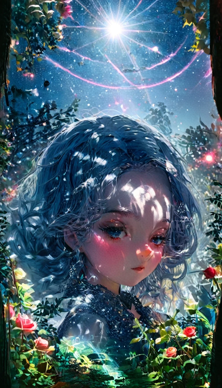 masterpiece, Concept Art, Panorama, in the center, shape, Wide Shot, garden, night, (meteor), Space galaxy background, (Great composition, Epic Scale), Dynamic Lighting, Bright colors, Blue rose,Landscape Long Eyelashes, Round eyes, Silver Hair, Half-closed eyes, sad, Cast a Shadow, Anaglyph, Stereogram, tachi-e, Atmospheric perspective, Wide Shot, reflected light, 8K, Super detailed, Highest quality, Anatomically correct,longeyelashes, solid circle eyes, silver hair, half-closed eyes, sad, drop shadow, anaglyph, stereogram, tachi-e, atmospheric perspective, wide shot, reflection light, 8K, super detail, best quality, anatomically correct
