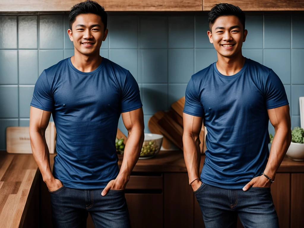 Thai man ,man ,(Blue T-shirt:1.5) ,Jeans ,He is about 30 years old..,Rough and handsome appearance,large breastsj,Big waistline,buzz cut, angry, sullen, best quality, Masterpiece,(Have muscles:4.5),(best quality,high resolution,Masterpiece:1.2),The eyes are natural and delicate..,1 person,alone,gay asian,muscle,Long legs,brave,short hair details,conjunctivitis ,strong,brown eyes, (standing in the kitchen:1.5),in the market,sitting on the table ,smile