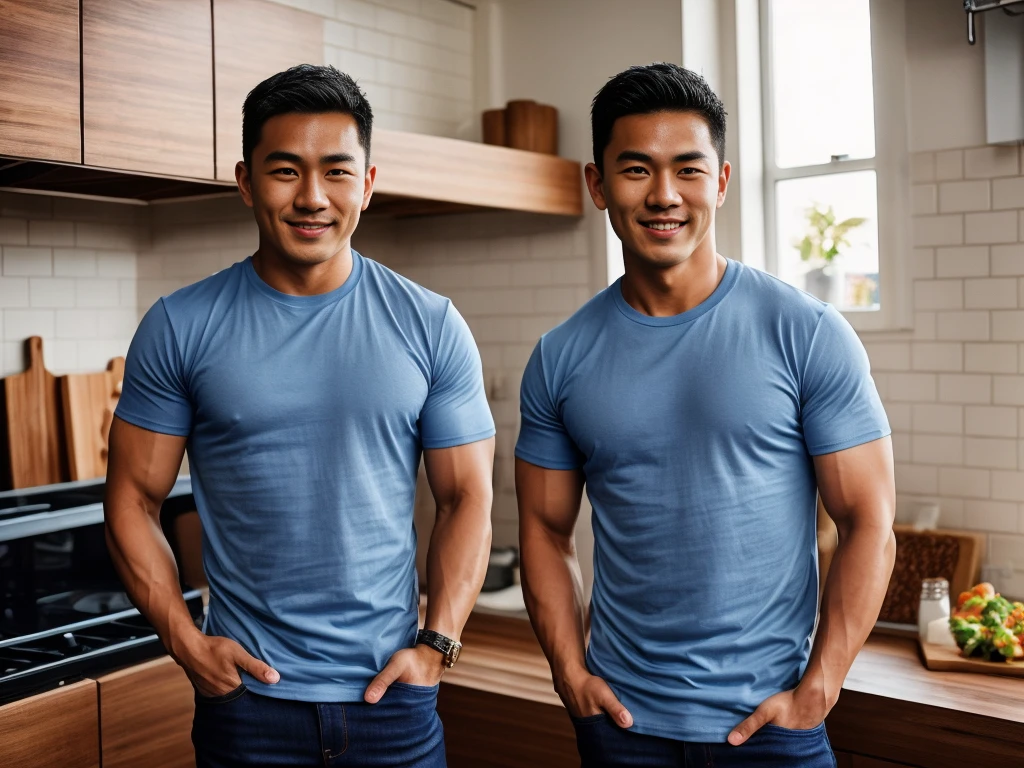 Thai man ,man ,(Blue T-shirt:1.5) ,Jeans ,He is about 30 years old..,Rough and handsome appearance,large breastsj,Big waistline,buzz cut, angry, sullen, best quality, Masterpiece,(Have muscles:4.5),(best quality,high resolution,Masterpiece:1.2),The eyes are natural and delicate..,1 person,alone,gay asian,muscle,Long legs,brave,short hair details,conjunctivitis ,strong,brown eyes, (standing in the kitchen:1.5),in the market,sitting on the table ,smile