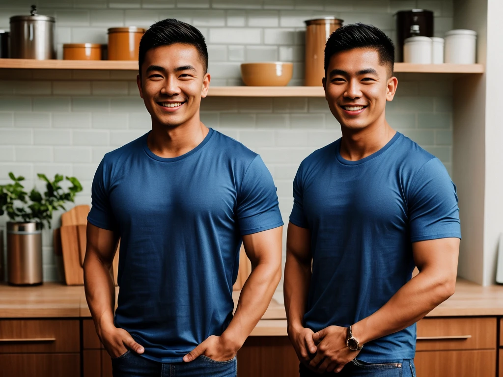 Thai man ,man ,(Blue T-shirt:1.5) ,Jeans ,He is about 30 years old..,Rough and handsome appearance,large breastsj,Big waistline,buzz cut, angry, sullen, best quality, Masterpiece,(Have muscles:4.5),(best quality,high resolution,Masterpiece:1.2),The eyes are natural and delicate..,1 person,alone,gay asian,muscle,Long legs,brave,short hair details,conjunctivitis ,strong,brown eyes, (standing in the kitchen:1.5),in the market,sitting on the table ,smile
