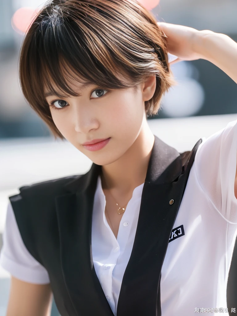 ((Highest quality、In 8K、masterpiece:1.3))、Sharp focus:1.2、Beautiful woman perfect body:1.4、Slim Abs:1.2、((Short Hair:1.2))、(trendy fashion in tokyo、shirt:1.1)、Single color background、Wet body:1.5、Three-dimensional texture、Detailed eyes、(Brown Hair、Black Hair:1.2)、Very shiny hair、Backward view、Hair quality improvement、Handsome short、Short-haired blonde。
