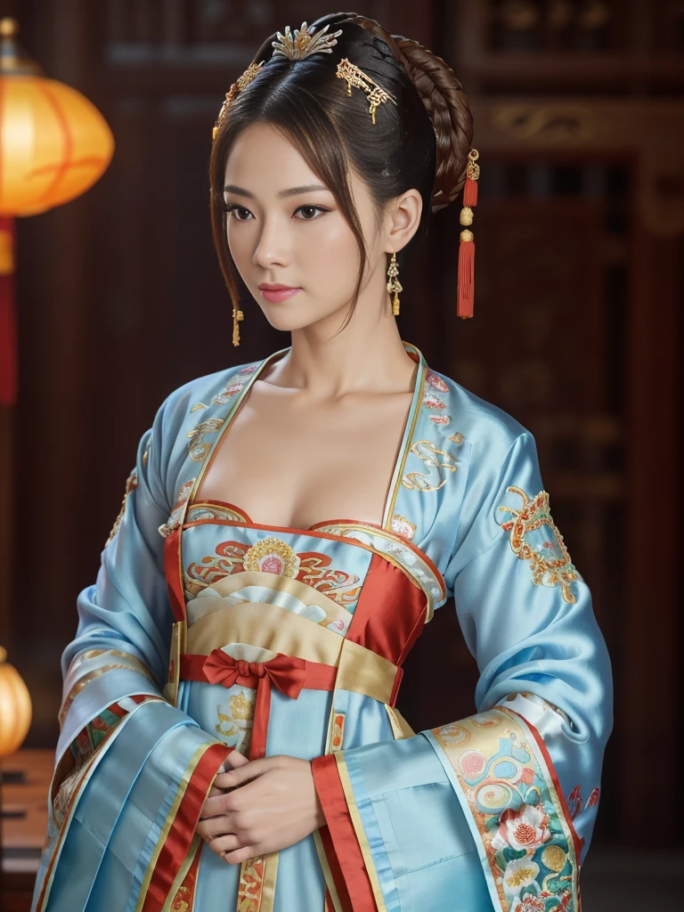 side view,  (looking at camera:1.2), Chinese and Russian half girl , 30-year-old, One of the three most beautiful women in the world, A beauty known all over the world,  (light Brown hair, beautiful lip, little smile), (middle breasts, slender whist, middle hip ) ,(Silk Yang Guifei, Chinese clothing、Royal clothing ),  (masterpiece, highest quality, High resolution, Photo realistic, sharp, RAW Photos, 8k wallpaper, perfection, Professional Lighting, Very detailed)


