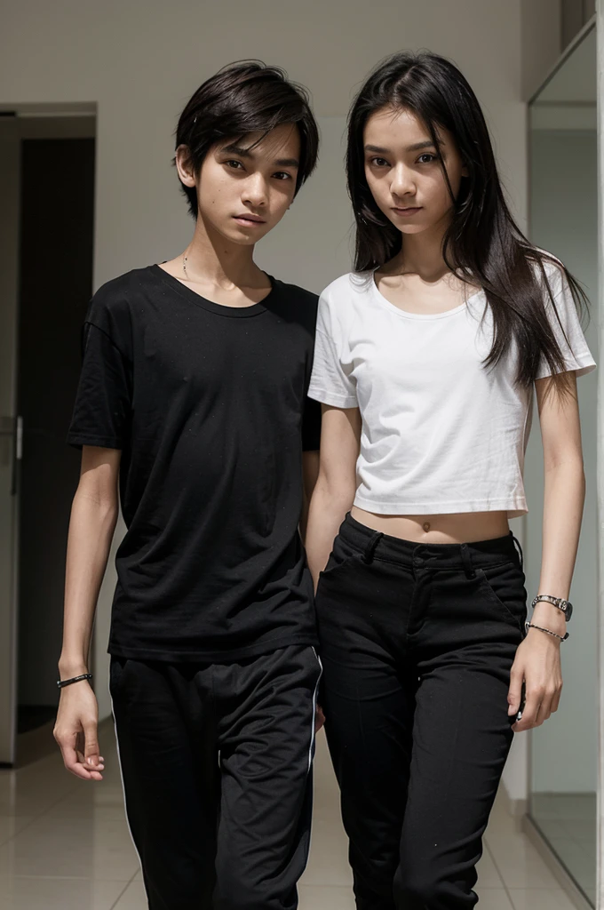 a boy and a girl, very thin straight Thai teenagers, boyfriends, both the same height, with very thin and slender bodies. The couple, the boy and the girl, are the same height and walk hand in hand. They wear a black t-shirt and black pants. And black bracelet on the arms.