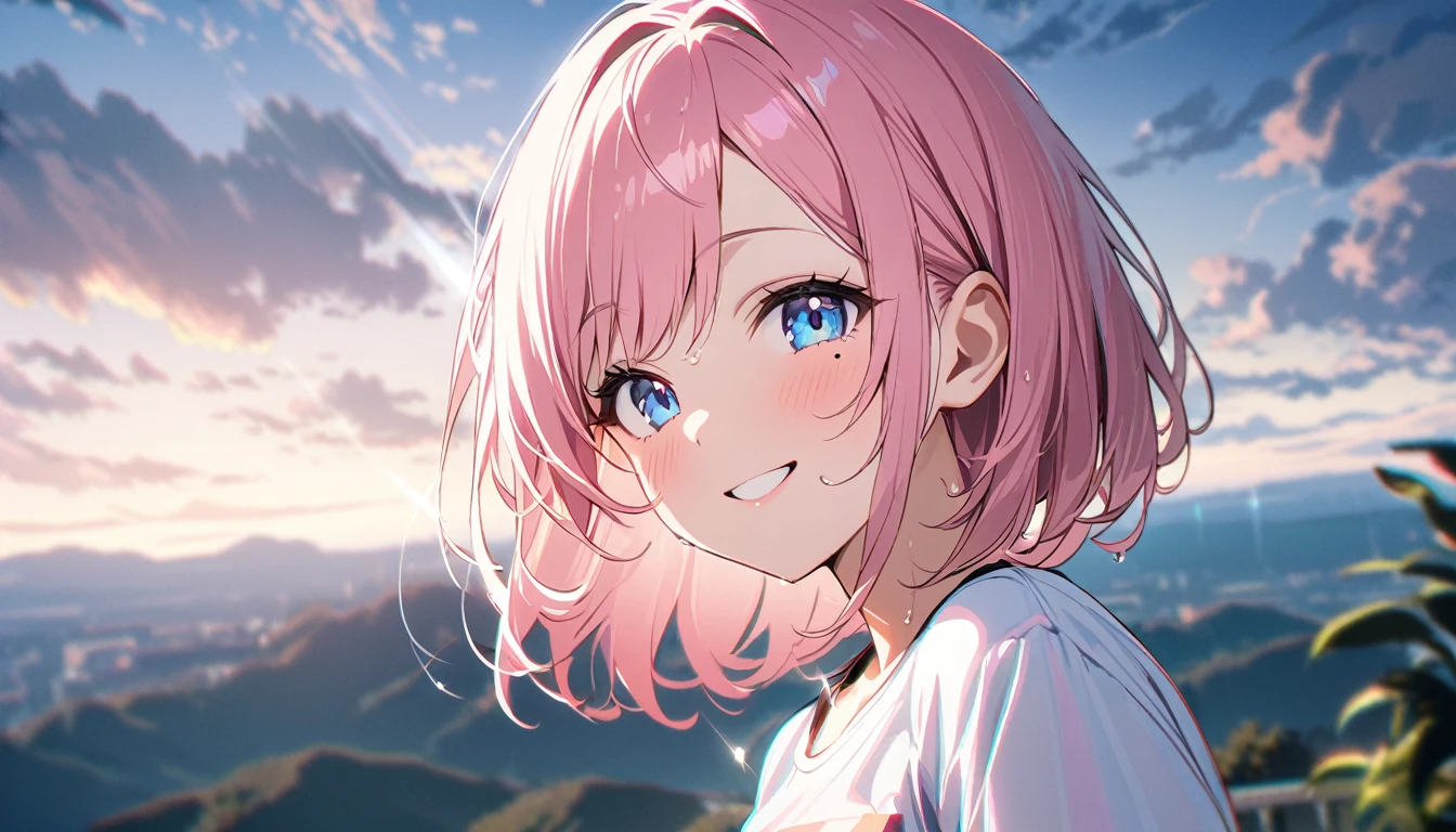 (1 girl),(Best Picture Quality, 8K, Masterpiece:1.3), (high school student:1.5), ((pink lob hair:1.1)), (bob cut),(swept bangs), (cute eyes, pupil black, iris skyblue, youthful face), (mole under right eye), (standard weight), (small breasts), (glistening skin:1.1),(pale skin:1.2),(t-shirt),((Gyaru fashion:1.3)),(wet:1.1),(blue sky, blurry, blurry background, chromatic aberration, cloud, cloudy sky, day, depth of field, glint, outdoors, sky),(magnificent view),(overlooking),(Smile).