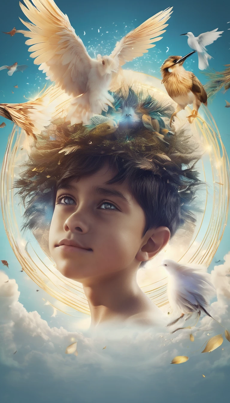 Create a professional, fantastic, cinematic dream-like Youtube Banner for a brand about music, stories, fantasy and dreams called " Penamemoria". Masterpiece, 4k, sharp focus, highest quality,wide shot. The title is " Penamemoria". Is a brand about the creative, unique journey of a boy into becoming a musician storyteller. In his journey he finds inspiration in a world of birds and feathers. Minimalistic, simple, poetic, dreamy logotype at the center of the image. The Background image is a world full of fantastic feathers, unique birds, light blue sky, soft white and light golden. Logo design of a face of a boy and a face of a feather