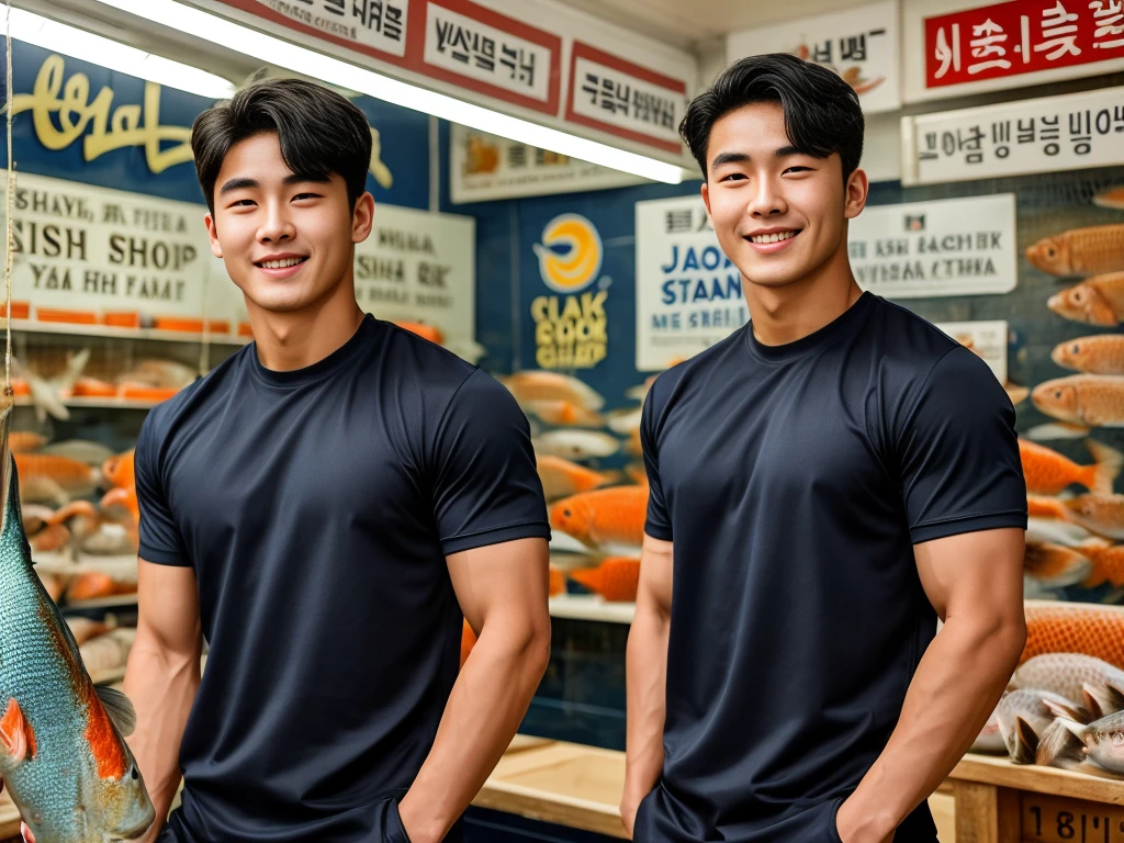 独奏: 1.5, (As a matter of fact, Masterpiece, 8k HD, good light quality, sportswear, fit the face, complicated details), A handsome Korean young man with muscular arms. , 20 years old, be happy, smile brightly, detailed face, delicate eyes, look at the sky, Wear a navy tight T-shirt.:1.6 ,Wear a denim coat., jeans period, black eyes, Black hair color, ผมsmooth, smooth，Surreal，Awesome details，Highest quality，real，Open your mouth to talk. , Close your eyes., (standing in a fish shop :1.5)