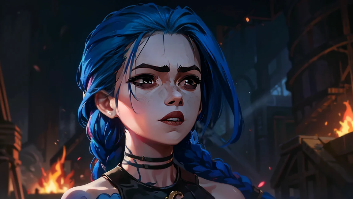 (masterpiece, Best quality), 1 girl, portrait very detailed face,, very sexy, crazy look, smile, crying, pink tears, tears on the cheeks, tears from eyes, full length (full body 1.1.), очень feminine, fighting stance, battle, fire, explosions, burning city, Beautiful waist, gloomy composition, flame, fire, Flash, very beautiful, feminine, long hair, hair braided in long braids, very sexy, tight leather pants, emphasis on the eyes, emphasis on the face, Beautiful face, Hands, Hair, Haired ponytail, red purple eyes, Джинкс crying, Blue cloud tattoo, (masterpiece, Best quality), Side lighting, beautiful detailed eyes, crazy face), (Best quality), (masterpiece), magic photography, Spectacular lighting, Photorealism, ultra detailed, intimate portrait composition, 1. 4,8 k UHD, aesthetic, Cd., A high resolution, 8 k, better lighting, Best shade, Ultra-HD, A high resolution, sharp focus, Complex background, Cinematic lighting, ((Landscape view)), 4K block, (better lighting), ((Cinematic lighting)),